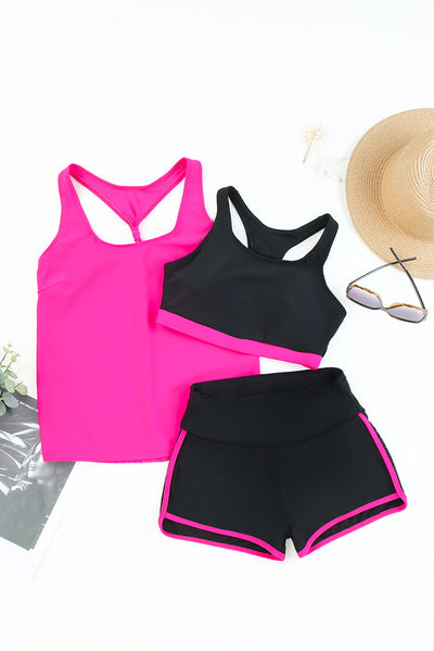 Women's navy blue three-piece high elastic bikini suit with racerback tankini top and swim shorts with white trim. - Image 30
