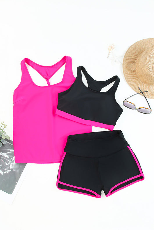Women's navy blue three-piece high elastic bikini suit with racerback tankini top and swim shorts with white trim. - Image 30