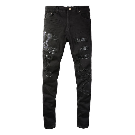 Jeans para Hombre con Parche de Serpiente de Tres Cabezas Bordado - Image 3