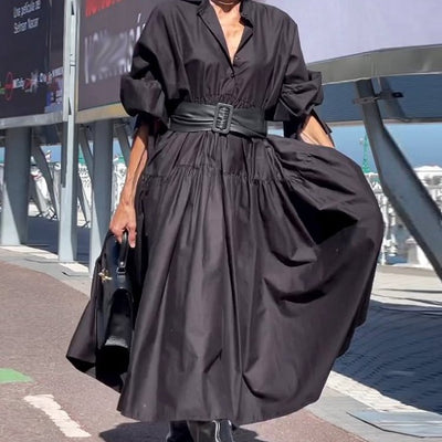 Vestido Camisero Plisado con Mangas Abullonadas - Corte Amplio para Mujer - Image 10