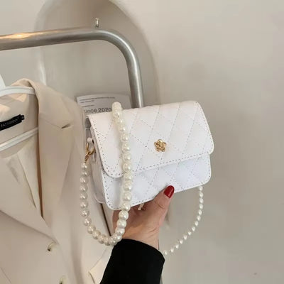 Bolso Bandolera Mujer con Cadena de Perlas y Cuadrícula de Diamantes - Image 4