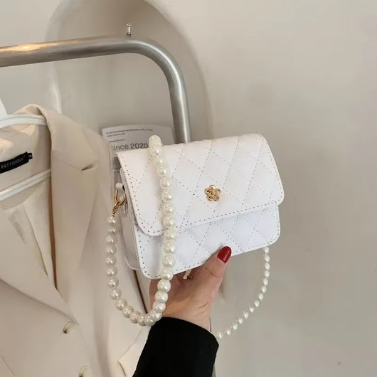 Bolso Bandolera Mujer con Cadena de Perlas y Cuadrícula de Diamantes - Image 4