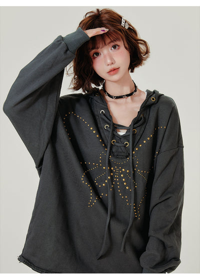 Sudadera Retro con Capucha Mujer - Cuello V Cordones y Remaches - Image 17