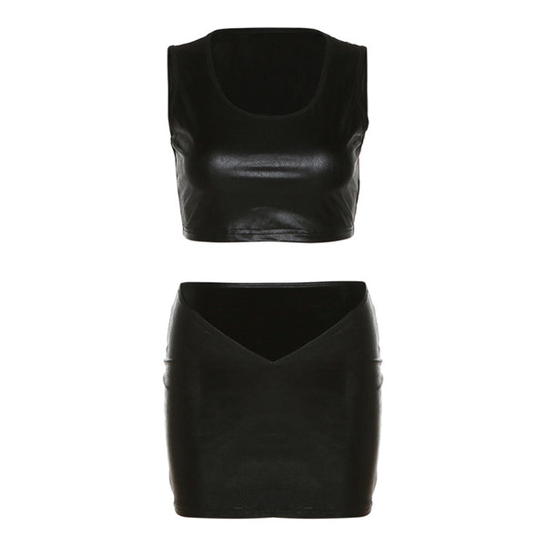 Conjunto de Falda Irregular y Chaleco de Cuero Sintético Ajustado Cintura Alta - Image 6