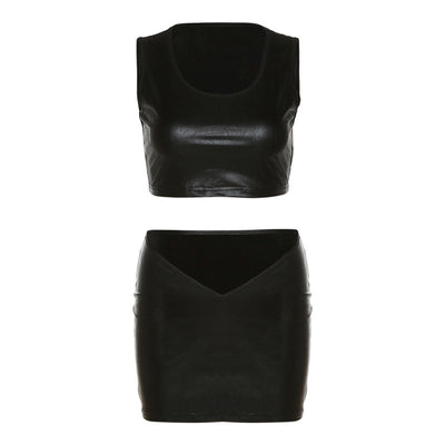 Conjunto de Falda Irregular y Chaleco de Cuero Sintético Ajustado Cintura Alta - Image 6
