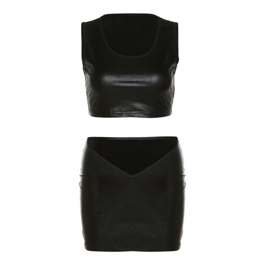 Conjunto de Falda Irregular y Chaleco de Cuero Sintético Ajustado Cintura Alta - Image 6