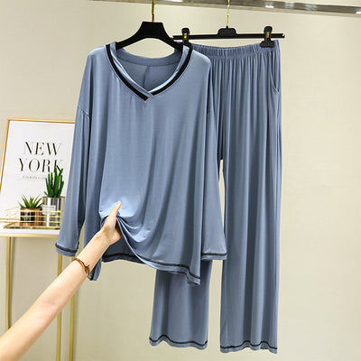 Conjunto Dos Piezas: Blusa V-Neck Contraste y Pantalón Recto Manga Larga - Image 4