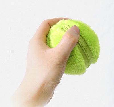 Black electric pet toy ball with four colorful plush covers in pink, lime green, yellow, and blue. - Image 10