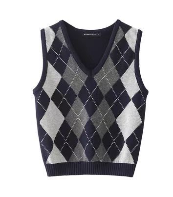 Chaleco Tejido Cuadros Diamante Estilo Preppy Retro Versátil - Image 10