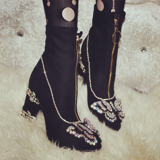 Botas Mariposa con Cierre Frontal, Punta Cuadrada y Diseño Bicolor