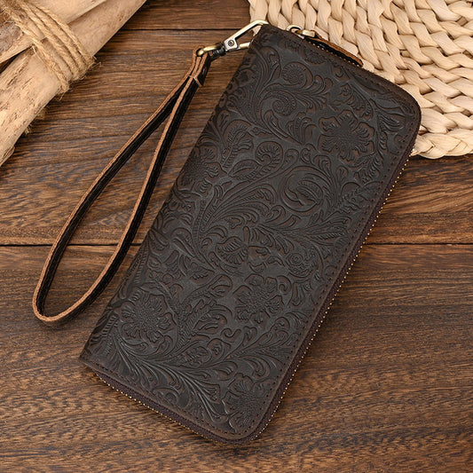 Billetera Larga Hombre Cuero Crazy Horse Retro con Grabado Fashion