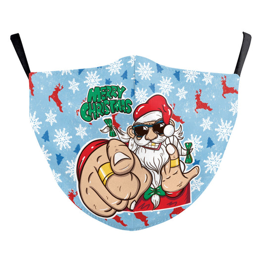 White Christmas dust mask with a digital print of a tabby cat wearing a red Santa hat and a large red bow. - Image 6