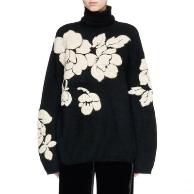 Suéter Retro de Punto Holgado con Cuello Alto y Flores Tridimensionales - Image 6