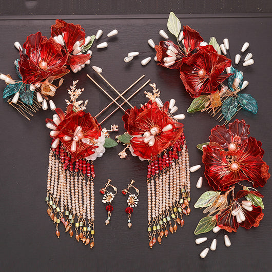 Tocado Estilo Antiguo con Flores Rojas y Flecos - Corona de Pelo Nupcial - Image 3