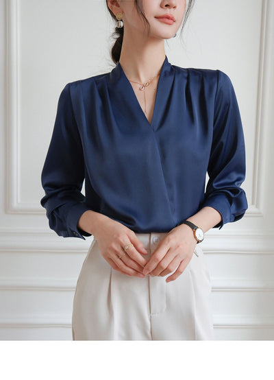 Blusa de Satén con Escote en V para Mujer - Elegancia Profesional - Image 2