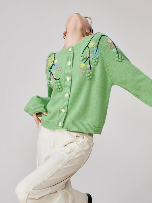 Cardigan Tejido con Bordado Tridimensional Verde para Mujer - Image 12
