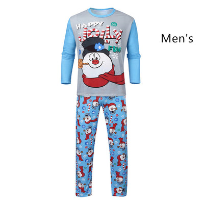 Christmas parent-child long sleeve pajamas with a snowman graphic on grey and blue tops, and patterned pants. - Image 7