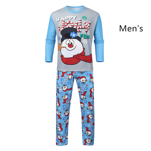 Christmas parent-child long sleeve pajamas with a snowman graphic on grey and blue tops, and patterned pants. - Image 7