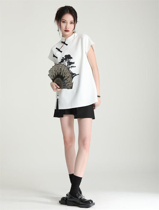 Blusa Cheongsam Moderna con Botones de Rana - Camiseta Estampada Manga Corta Verano - Image 8