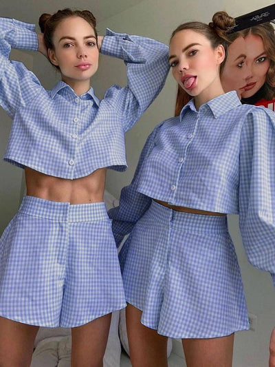 Conjunto Casual de Blusa y Shorts a Cuadros para Mujer - Image 12