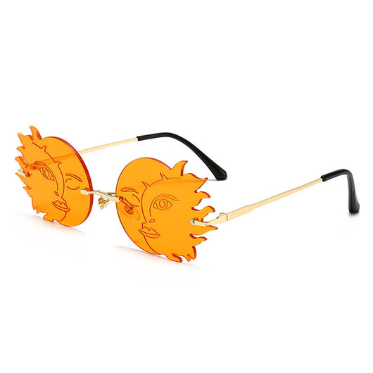 Orange sun-shaped rimless sunglasses with gold metal frames and black earpieces, featuring a smiling face design. - Image 7