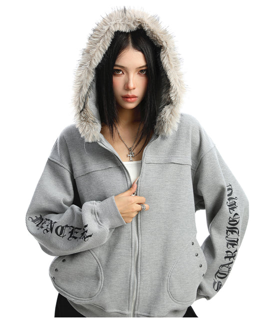 Cardigan Mujer con Cuello de Pelaje Desmontable y Cierre de Cremallera - Image 10