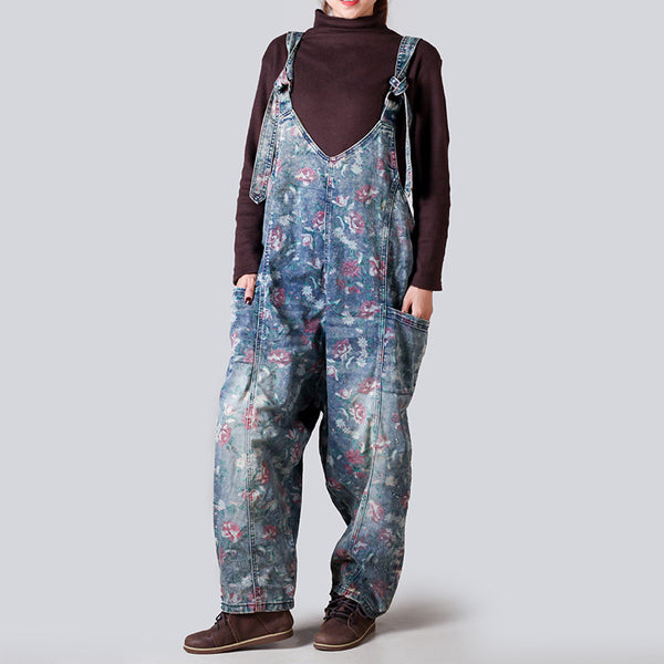 Pantalón Vaquero Ancho Desgastado con Estampado y Ajuste Regulable