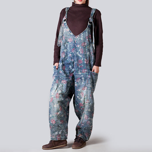 Pantalón Vaquero Ancho Desgastado con Estampado y Ajuste Regulable