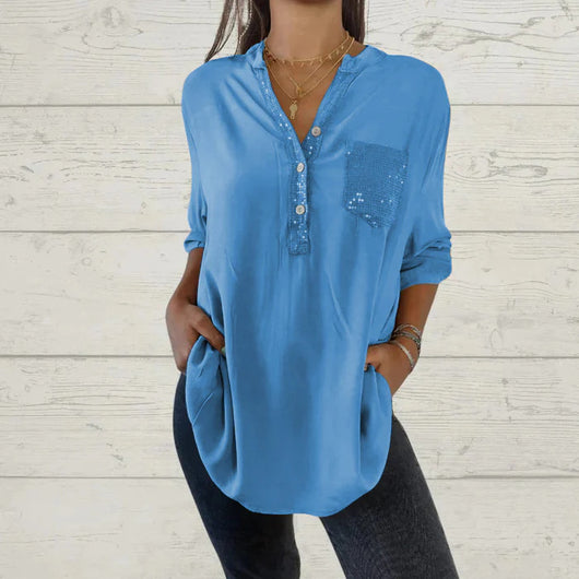 Blusa Casual V-Neck con Bolsillos y Parches Lentejuelas para Mujer - Image 7