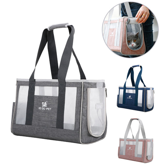 Navy blue portable pet carrier bag with mesh windows, top handles, and a side pocket for small dogs or cats.