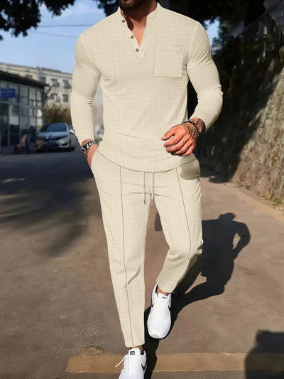 Conjunto Casual de Pantalón y Camiseta Henley Texturizada de Manga Larga para Hombre - Image 6