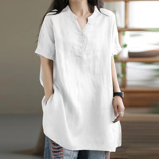 Camiseta Suelta Básica Cuello V Manga Corta para Mujer - Image 15