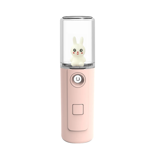 Green portable facial mister with a clear top and a white cartoon rabbit figure inside, featuring a power button. - Image 3