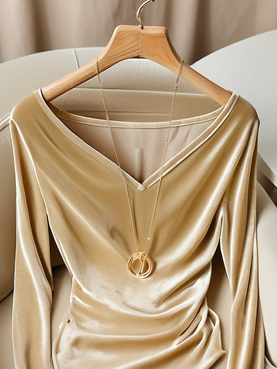 Blusa Champagne Escote V Manga Larga Plisada Terciopelo para Invierno - Image 12