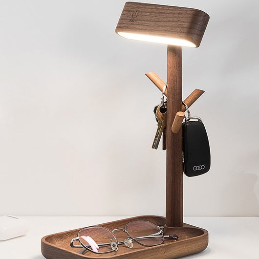 Lámpara LED de Madera de Nogal Negro Nórdica con Organizador de Llaves Recargable