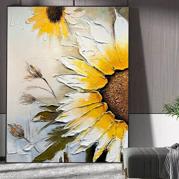 Cuadro Óleo Girasol Moderno Texturizado - Lienzo Decorativo sin Marco para Sala