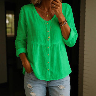 Camisa Holgada de Algodón y Lino con Cuello V y Botones - Image 4