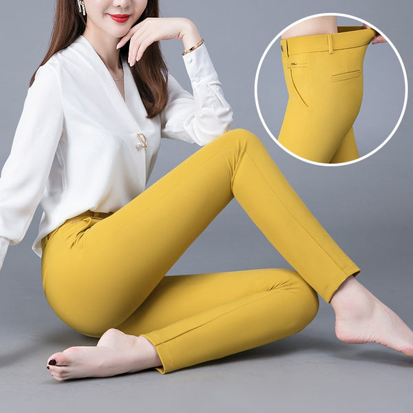 Pantalones Casuales Coreanos Cintura Alta Elásticos Ajustados Efecto Adelgazante