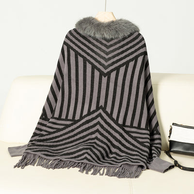 Poncho Tejido de Rayas Otoño Invierno con Flecos Elegante - Image 27