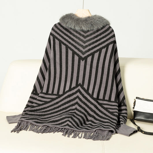 Poncho Tejido de Rayas Otoño Invierno con Flecos Elegante - Image 27