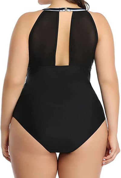 Plus size black one-piece swimsuit with a halter neck and mesh V-neck insert, featuring ruched sides. - Image 12