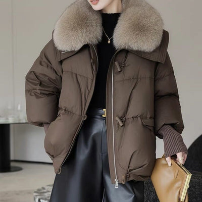 Abrigo Acolchado de Plumón con Cuello de Piel para Mujer - Chaqueta Corta Térmica Invierno - Image 6