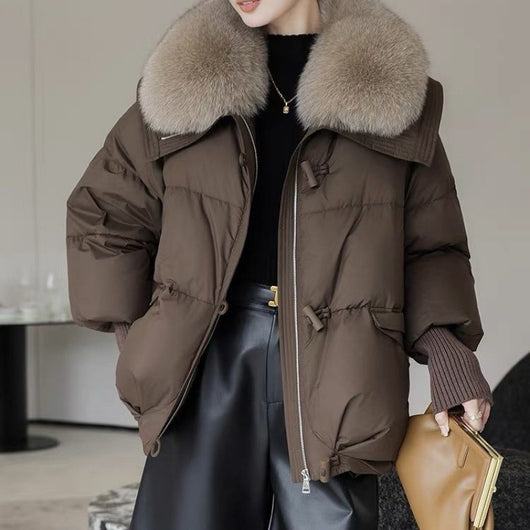 Abrigo Acolchado de Plumón con Cuello de Piel para Mujer - Chaqueta Corta Térmica Invierno - Image 6