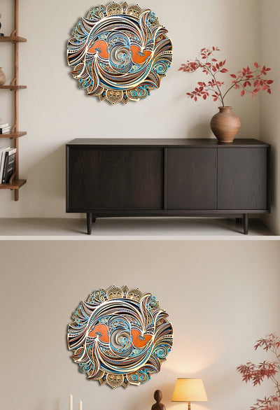 Arte Decorativo Pared Peces Dobles Tallado Madera Redondo Retro - Image 7