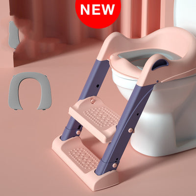 Gray and white children's toilet training seat with a two-step ladder, shown on a white adult toilet. - Image 5