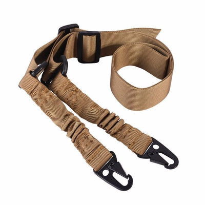 Black crossbody nylon strap with elastic sections, adjustable buckles, and two metal hooks for tension adjustment. - Image 5