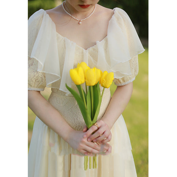 Vestido de Novia Retro Francés con Mangas Globo y Encaje