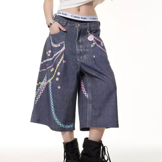 Jeans Cortos Estampado Cadena Retro para Mujer - Image 11