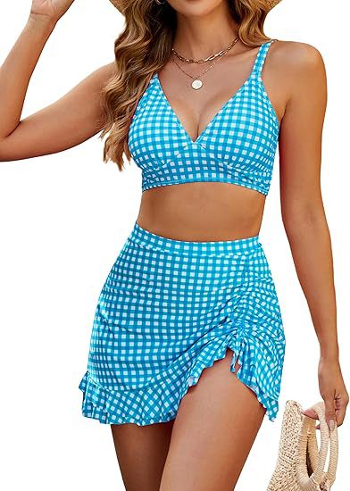 Black and white gingham two-piece swimsuit with a V-neck bikini top and a high-waisted ruched swim skirt. - Image 29