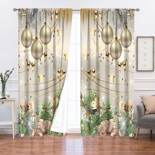 Christmas curtain with a snowy village scene, Santa Claus, flying reindeer, and piles of wrapped gifts. - Image 42